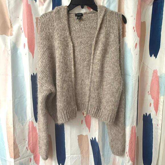 Halogen Tan Fuzzy Wool Blend Zip Front Cropped Sweater Hoodie Size Small - Picture 3 of 14